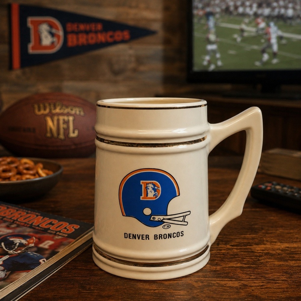 Vintage Denver Broncos NFL Ceramic Beer Stein Mug Retro Helmet Logo Gold Trim